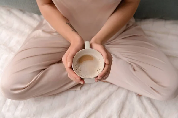 Woman Drinking Aromatic Coffee Bed Closeup — Stock Photo, Image