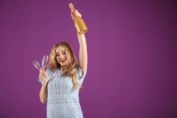 Beautiful Young Woman Bottle Champagne Empty Glasses Color Background — Stock Photo, Image