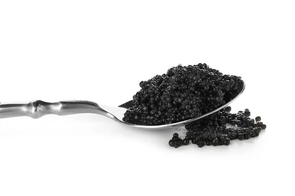 Löffel Mit Leckerem Schwarzen Kaviar Auf Weißem Hintergrund — Stockfoto