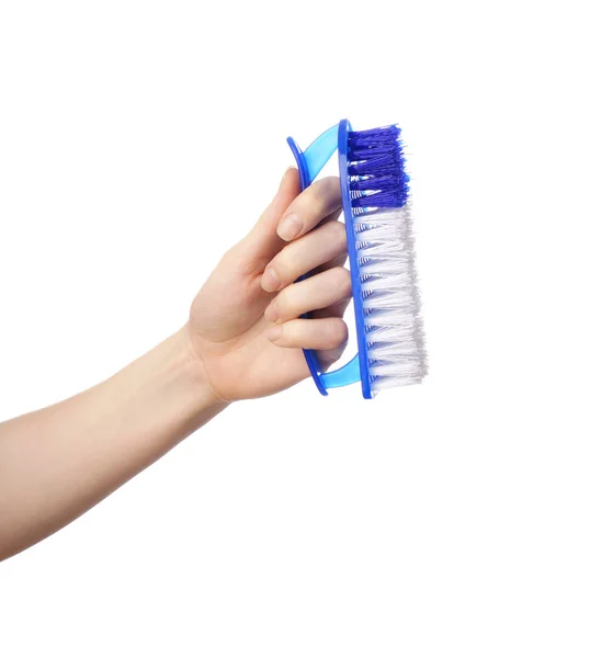Mulher Segurando Escova Para Limpeza Fundo Branco — Fotografia de Stock
