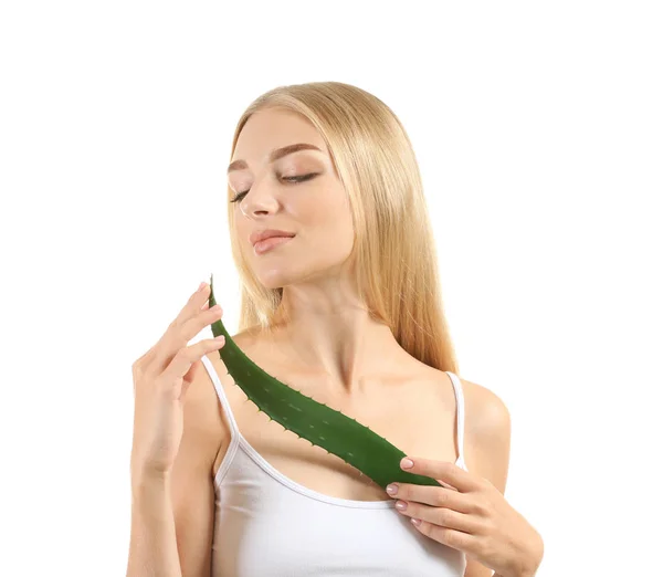 Beautiful Young Woman Aloe Vera White Background Stock Picture