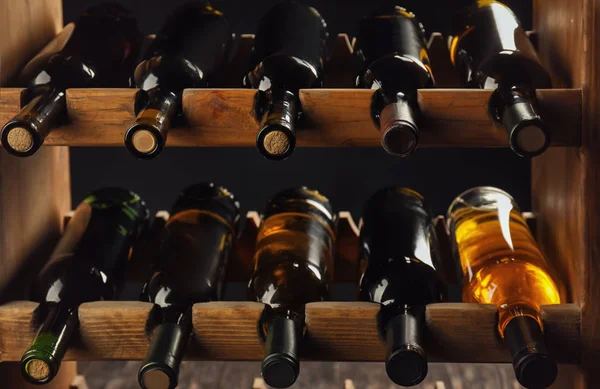 Bottles Different Wine Wooden Shelves — Stock Photo, Image