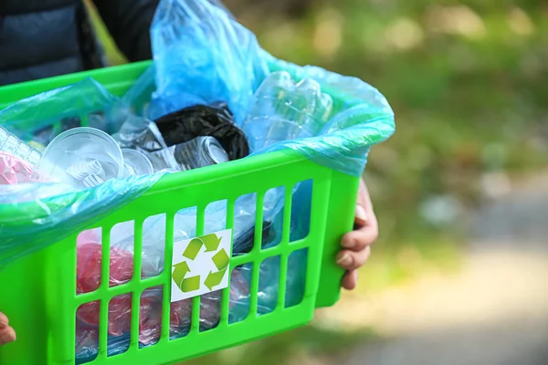 Woman Holding Box Trash Outdoors — Stock Photo, Image