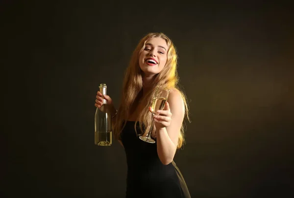 Beautiful Young Woman Glass Bottle Champagne Dark Background — Stock Photo, Image