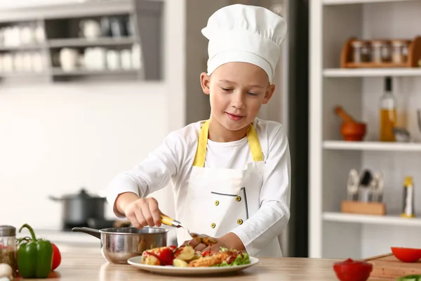 Cute Little Chef Dressing Tasty Dish Kitchen — Stock Photo, Image