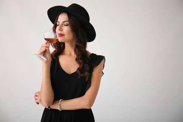 Beautiful Young Woman Glass Wine Light Background — Stock Photo, Image
