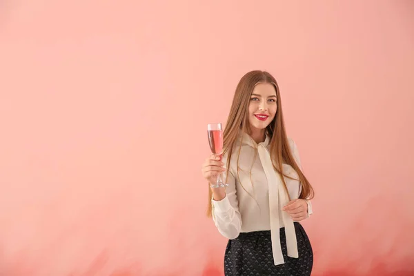 Beautiful Young Woman Glass Champagne Color Background — Stock Photo, Image