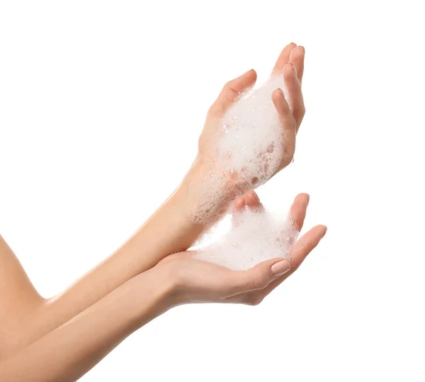 Female Hands Soap Foam White Background — Stock Photo, Image