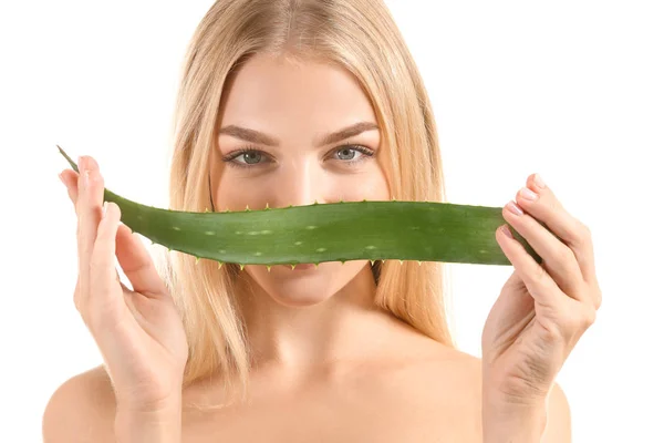 Beautiful Young Woman Aloe Vera White Background — Stock Photo, Image