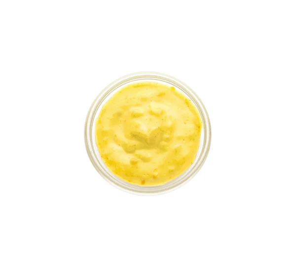 Savoureuse Sauce Jaune Dans Bol Sur Fond Blanc — Photo