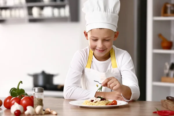 Cute Little Chef Cooking Tasty Dish Kitchen — Stock Photo, Image