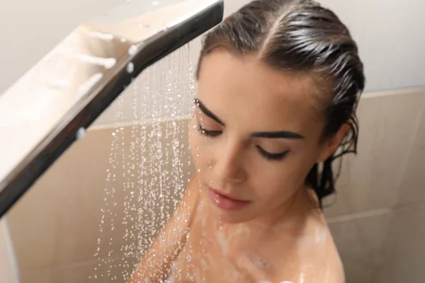 Beautiful Young Woman Taking Shower Bathroom — Stock Photo, Image