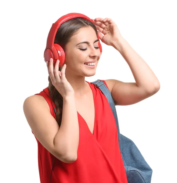 Mooie Vrouw Luisteren Naar Muziek Witte Achtergrond — Stockfoto