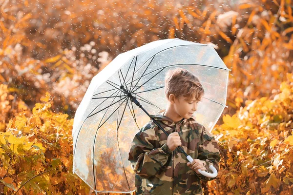 Cute Little Boy Umbrella Park Rainy Autumn Day — Stock Photo, Image