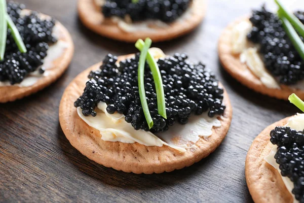 Delicious Cookies Black Caviar Wooden Table — Stock Photo, Image