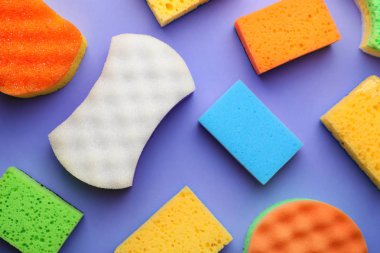 Birçok farklı sünger düz renkli arka plan üzerinde yatıyordu