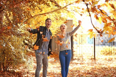 Sonbahar parkta düşmüş oynamaktan mutlu genç çift yaprakları