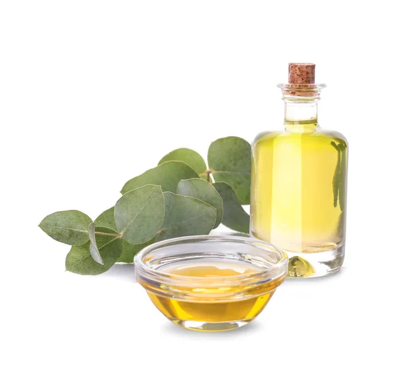 Bottle Bowl Eucalyptus Essential Oil White Background — Stock Photo, Image