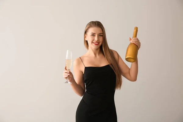 Beautiful Young Woman Glass Bottle Champagne Light Background — Stock Photo, Image