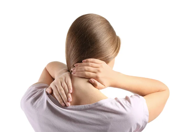 Young Woman Suffering Neck Pain White Background — Stock Photo, Image