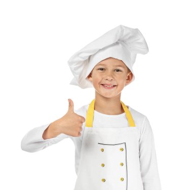 Sevimli küçük şef gösteren başparmak-up beyaz arka plan üzerinde