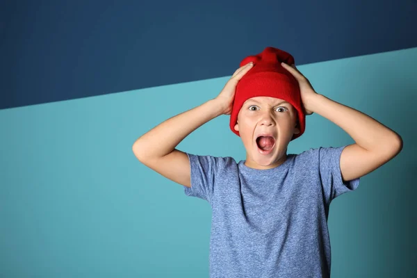 Emotional Boy Making Mistake Color Background — Stock Photo, Image