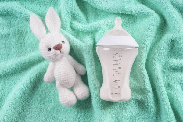 Feeding Bottle Milk Baby Bunny Toy Soft Towel Top View — Stock Photo, Image