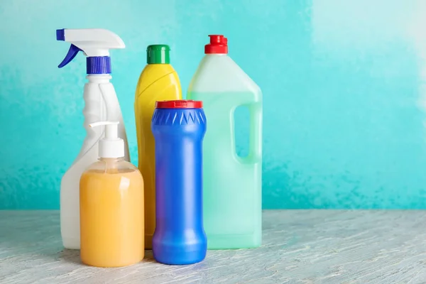 Bottles Detergents Table Color Background — Stock Photo, Image