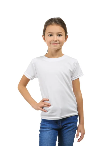 Χαριτωμένο Κορίτσι Shirt Λευκό Φόντο — Φωτογραφία Αρχείου