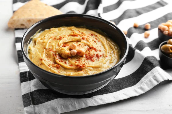 Bowl Tasty Hummus White Wooden Table — Stock Photo, Image