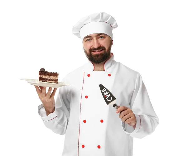 Мужчина Шеф Повар Вкусным Десертом Белом Фоне — стоковое фото