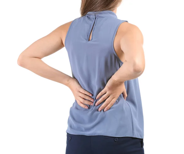 Young Woman Suffering Back Pain White Background — Stock Photo, Image