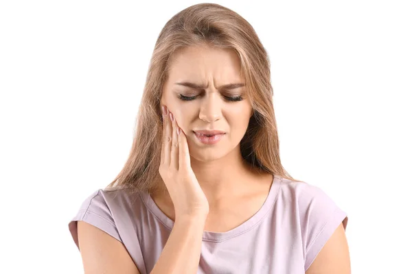 Young Woman Suffering Toothache White Background — Stock Photo, Image