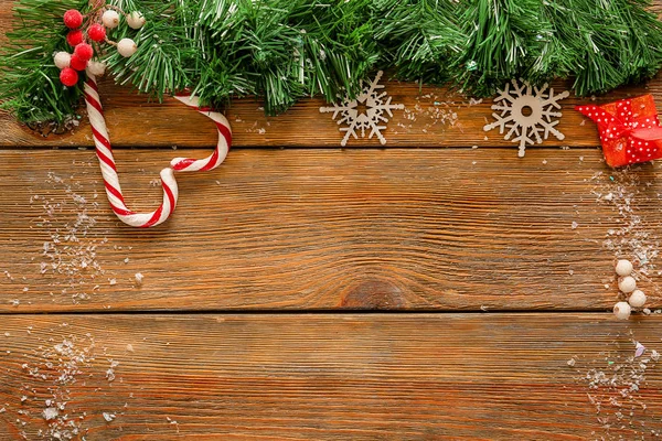 Decorações Natal Com Espaço Para Texto Sobre Fundo Madeira — Fotografia de Stock