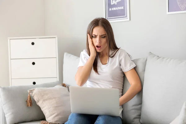 Emotional Young Woman Making Mistake Work Laptop Home — Stock Photo, Image