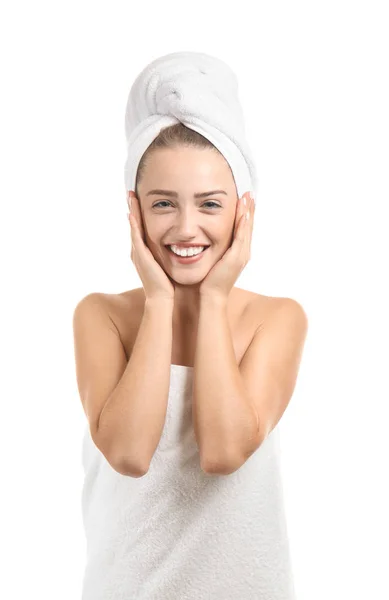 Beautiful Young Woman Wrapped Towel White Background — Stock Photo, Image