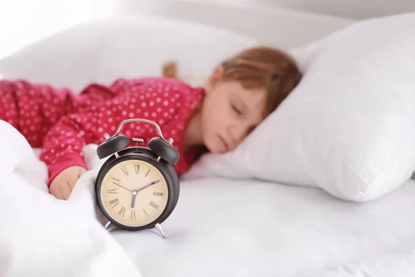 Cute Little Girl Sleeping Bed Alarm Clock — Stock Photo, Image