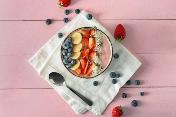 Bowl Pink Yogurt Fresh Fruits Color Table — Stock Photo, Image