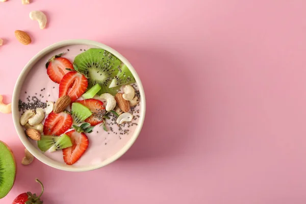 Bowl Pink Yogurt Fresh Fruits Color Background — Stock Photo, Image