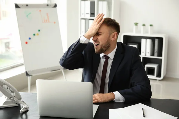 Emotional Young Businessman Making Mistake While Working Laptop Office — Stock Photo, Image