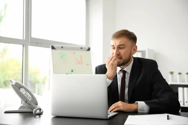 Emotional Young Businessman Making Mistake While Working Laptop Office — Stock Photo, Image