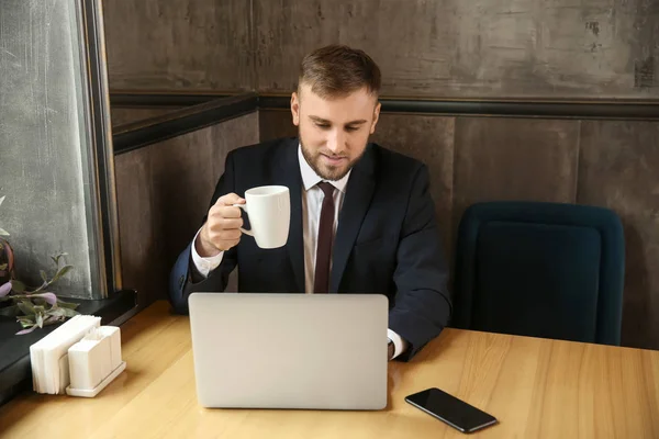 Handsome Businessman Drinking Coffee Cafe — Stock Photo, Image