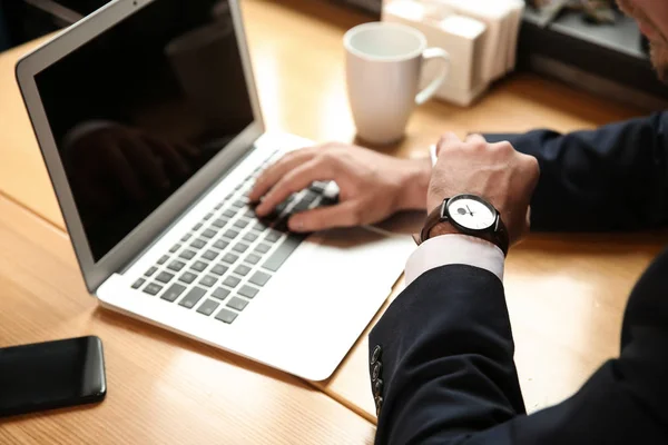 Businessman Looking Watch While Working Laptop Cafe — Stock Photo, Image