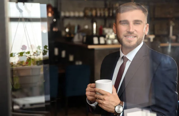 Handsome Businessman Drinking Coffee Cafe View Window — Stock Photo, Image