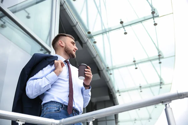 Young Businessman Cup Aromatic Coffee Outdoors — Stock Photo, Image