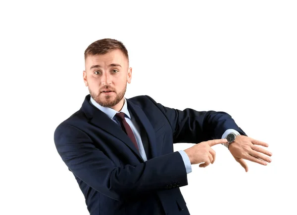 Emotionaler Geschäftsmann Mit Uhr Auf Weißem Hintergrund — Stockfoto