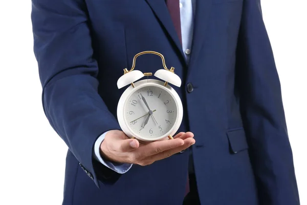 Businessman Alarm Clock White Background Closeup — Stock Photo, Image