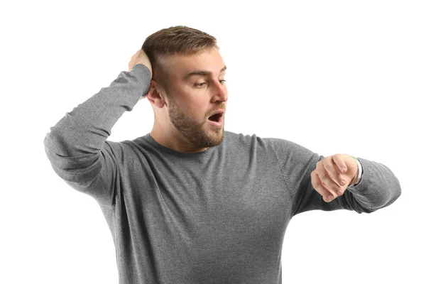Emotional Man Looking His Watch White Background — Stock Photo, Image