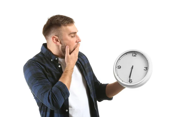 Emotionaler Mann Mit Uhr Auf Weißem Hintergrund — Stockfoto