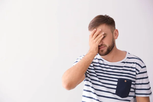 Emotional Young Man Making Mistake White Background — Stock Photo, Image